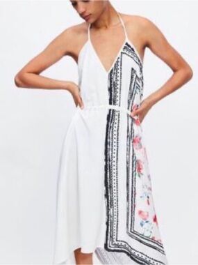 Zara White Floral Asymmetrical Halter Dress with Black Trim